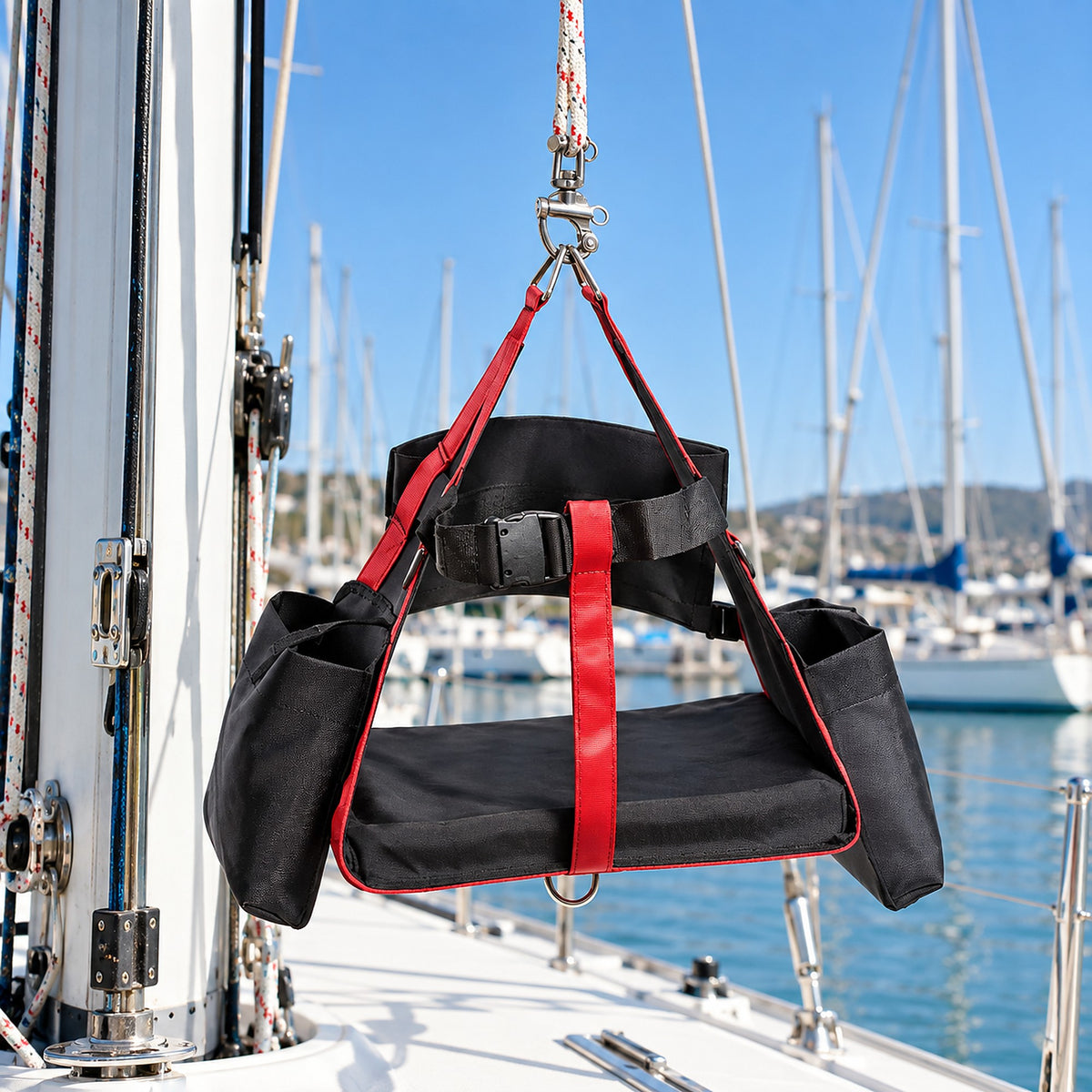 Nylon fabric bosun's chair with board - in use