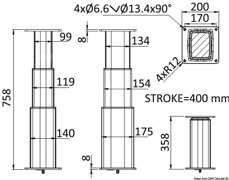 Noval Square aluminum pedestal 3-heights 12V - foto originale Osculati Srl