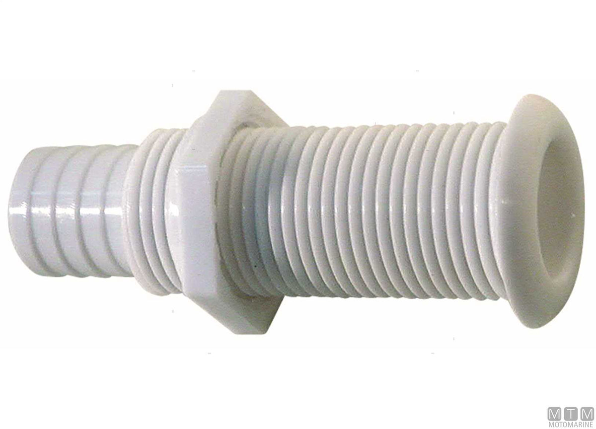 White through-hull fitting with hose tail for Ø25 mm plugs - original photo Motomarine Srl