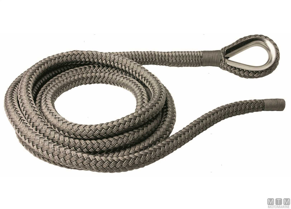 Grey braided mooring line with stainless steel thimble Ø28 mm 20 m - original photo Motomarine Srl