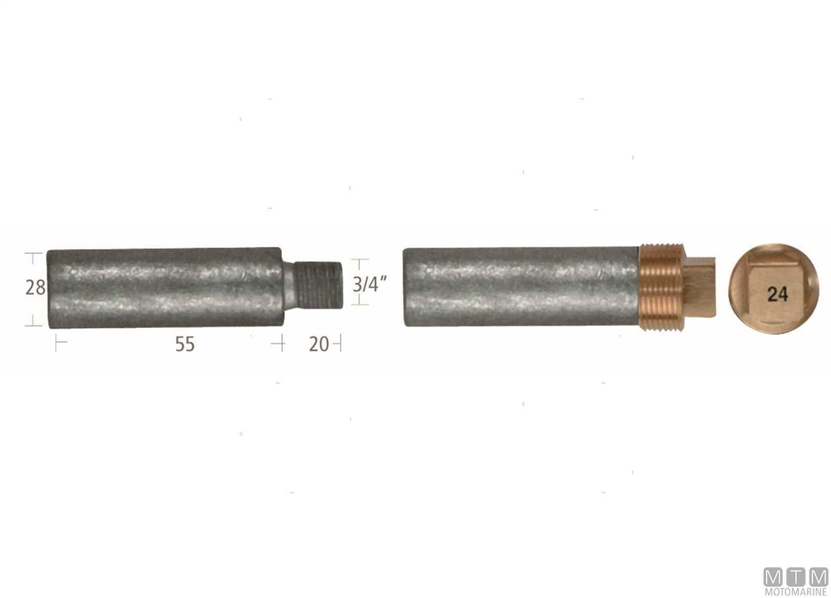 Zinc pencil anode with plug Caterpillar 28x55 mm - original photo Motomarine Srl