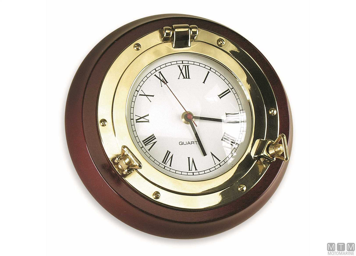 Porthole clock Ø230 mm wood/brass - original photo Motomarine Srl