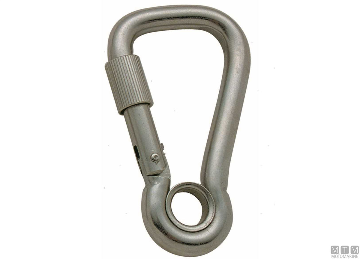 Wide snap hook Ø6 mm with eye and locking ring stainless steel 316 - original photo Motomarine Srl