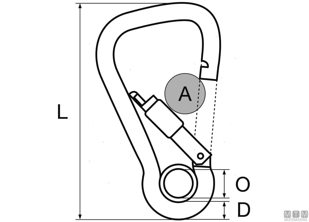 Wide snap hook Ø11 mm with eye and locking ring stainless steel 316 - original photo Motomarine Srl