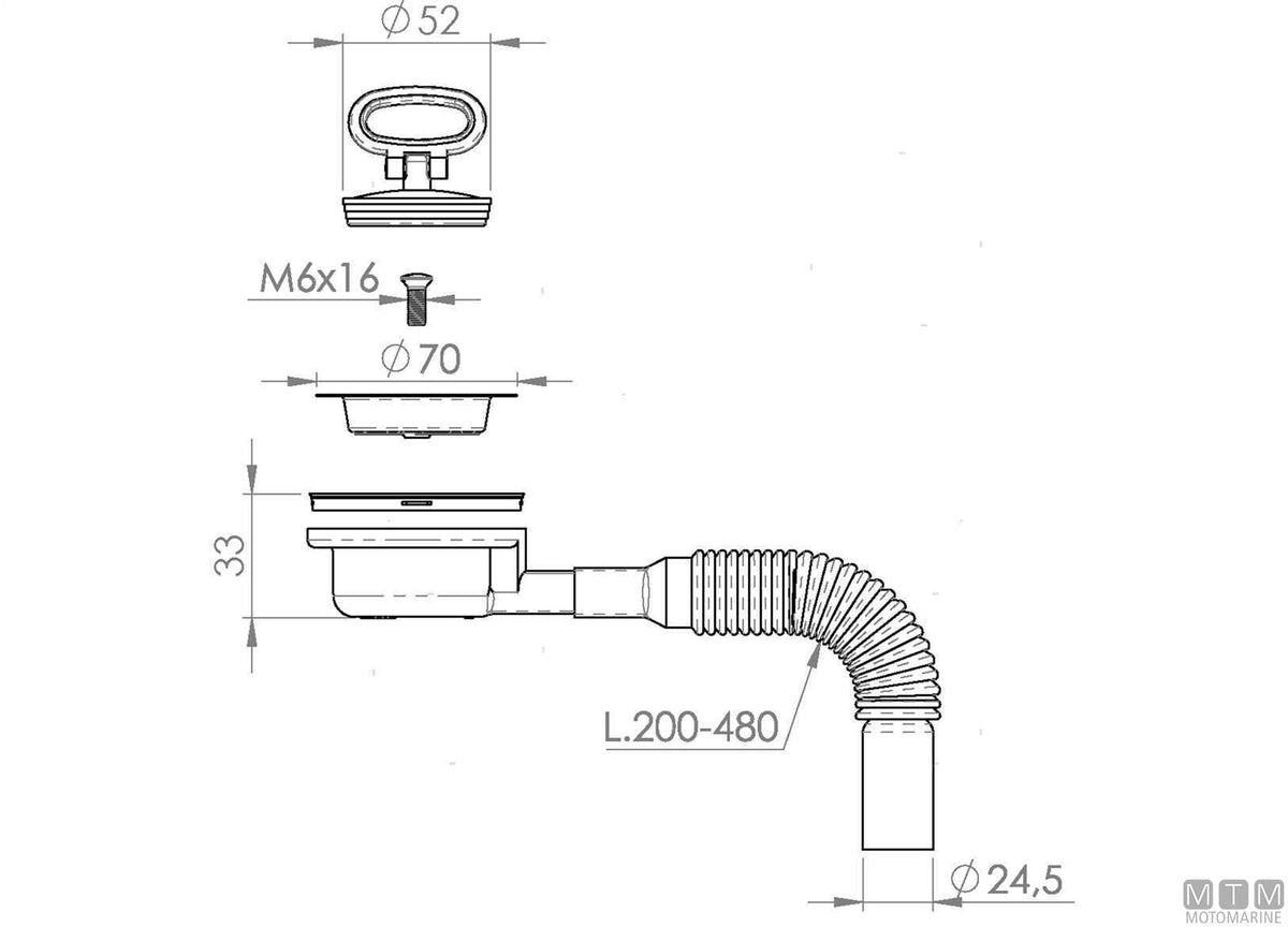 Drain strainer for Ø50 mm hole with Ø25 mm extension - original photo Motomarine Srl