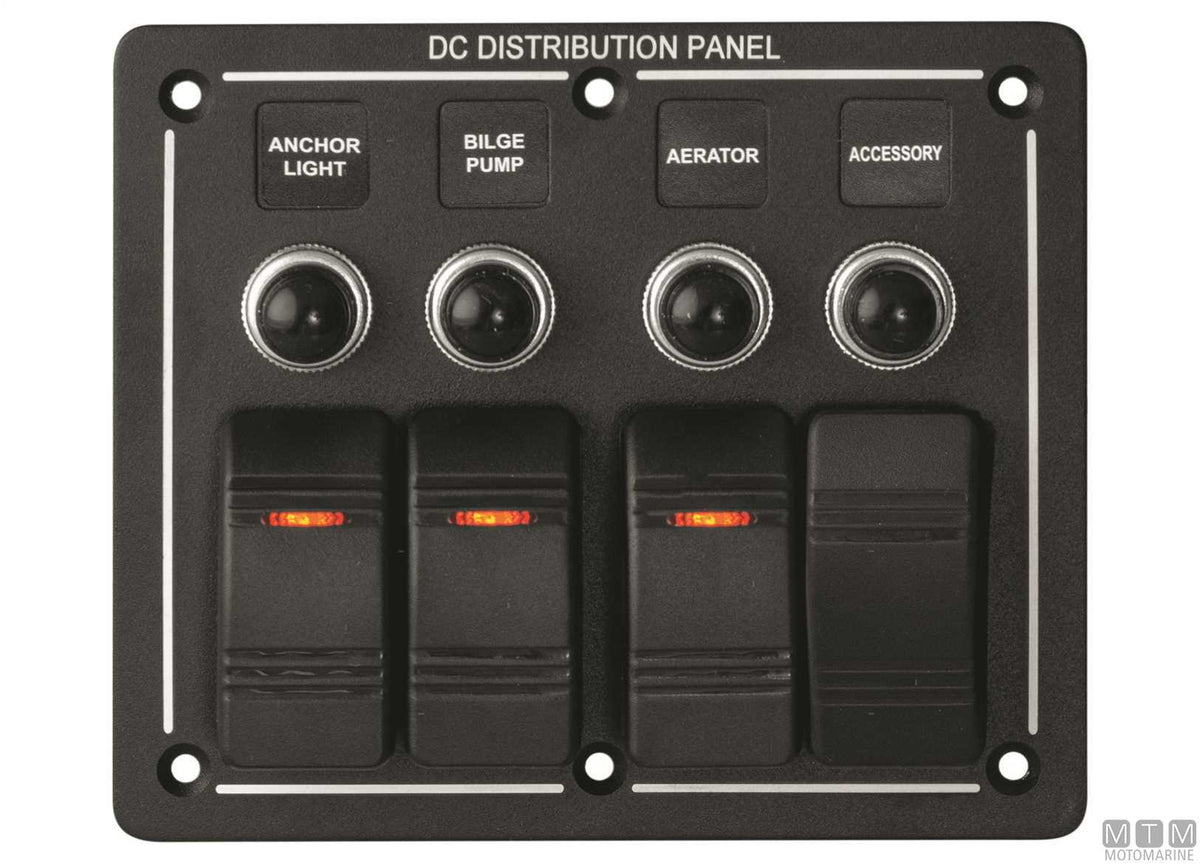 Black aluminium panel with 4-position rocker switches - original photo Motomarine Srl