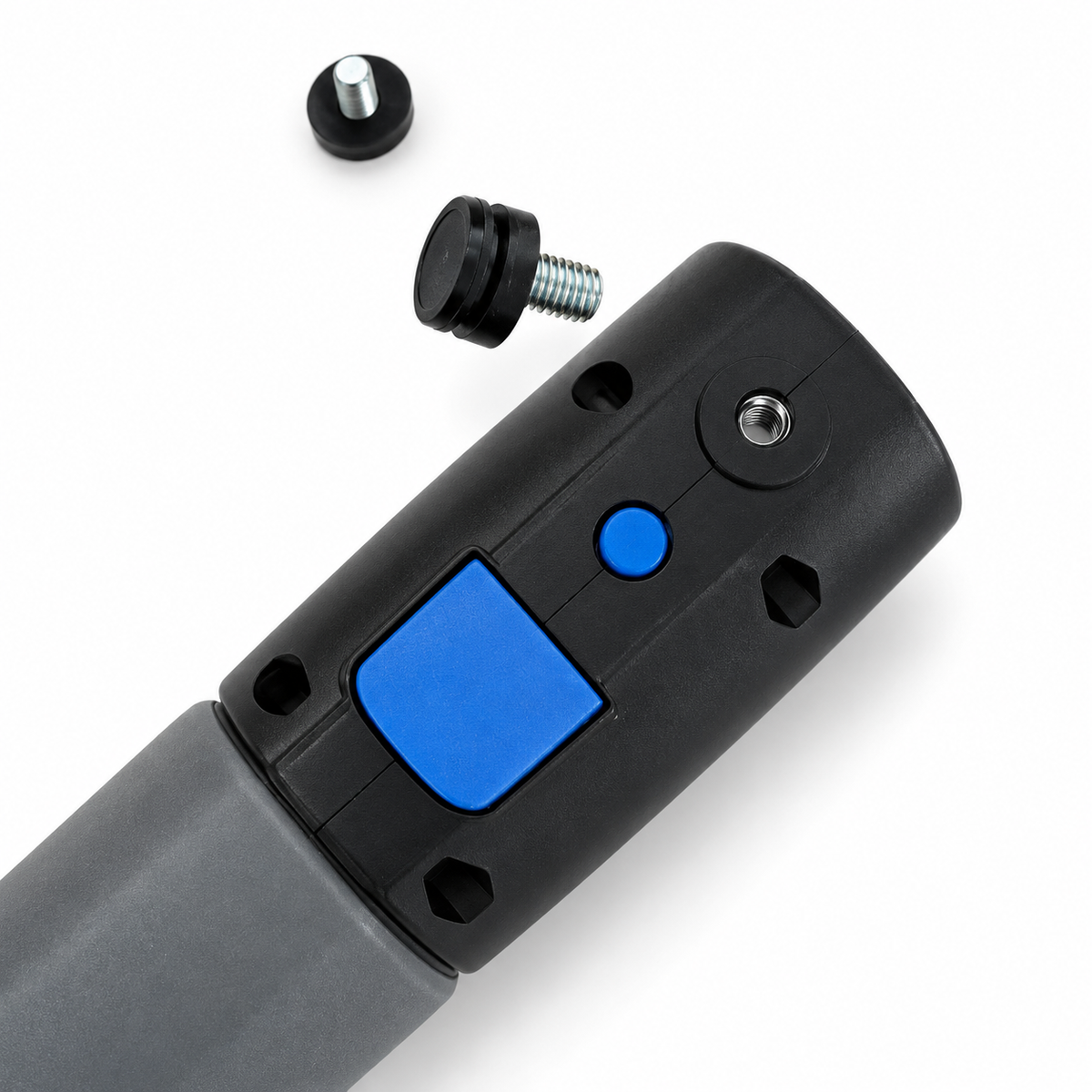 Fidlock quick-release socket on the Jake pole with the mount screw, macro detail