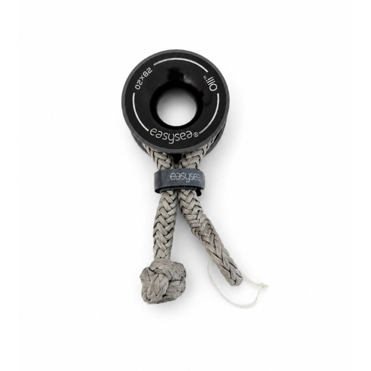 Close-up of the diamond knot of the soft shackle holding an Olli low friction ring