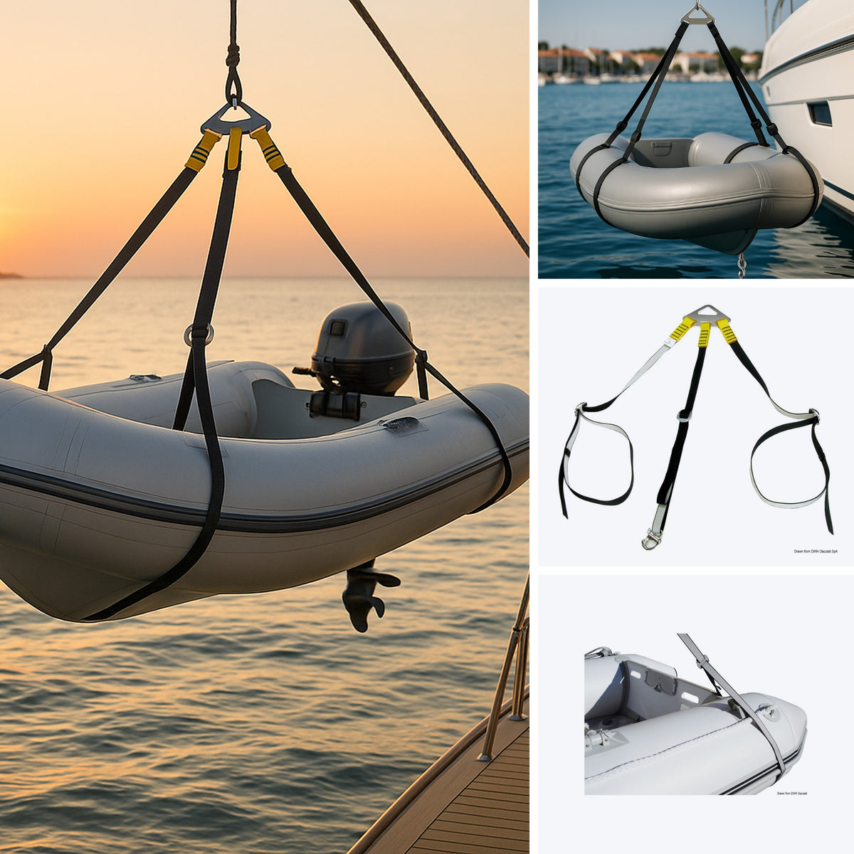 3-arm dinghy lift system + 2 straps - in use