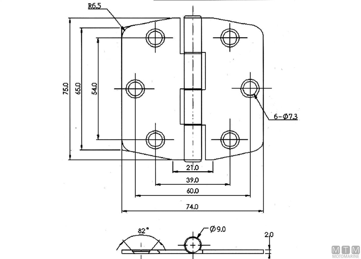 Biscuit deck hinge 75x74 mm in AISI 316 stainless steel - original photo Motomarine Srl