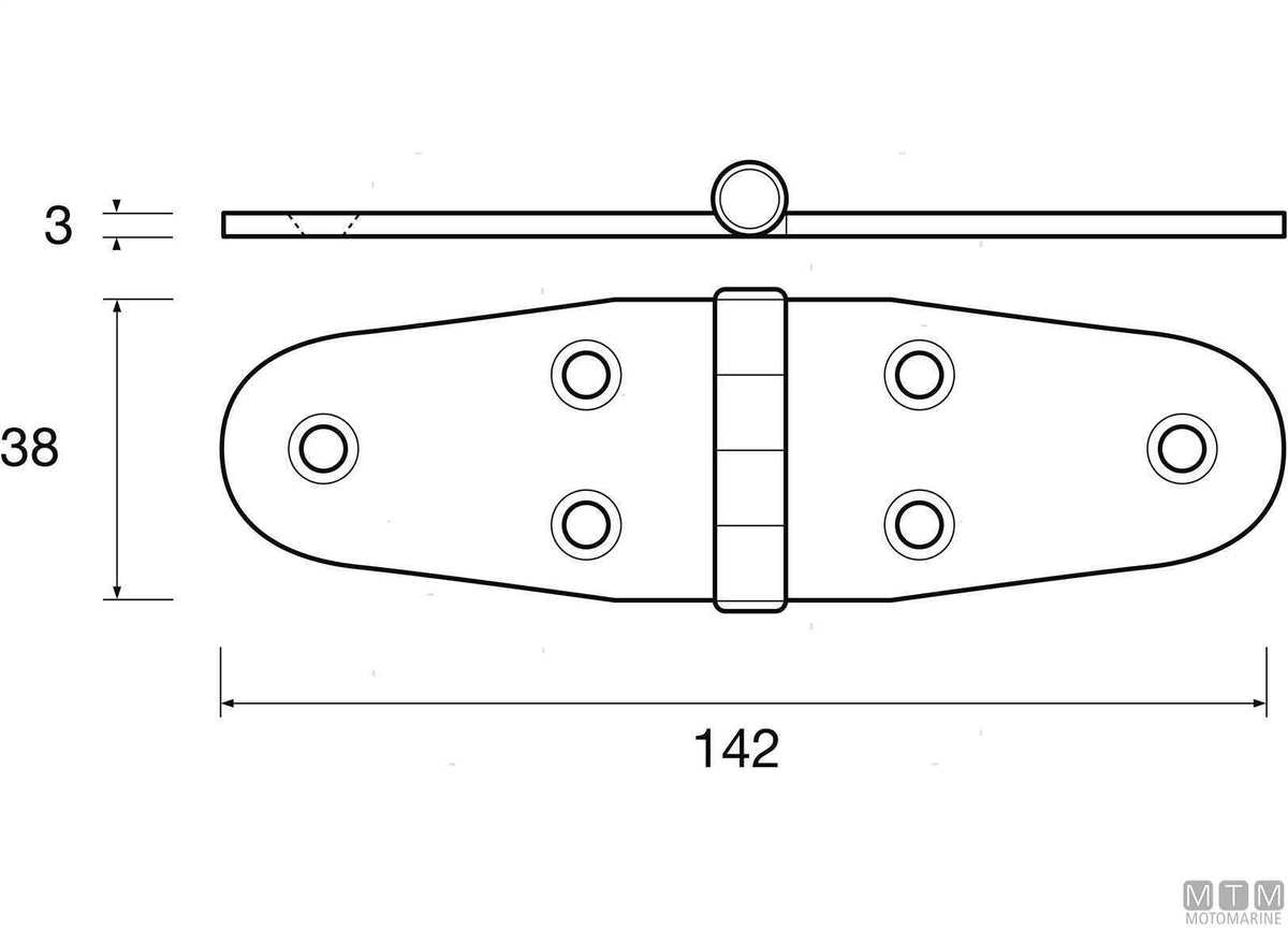Heavy-duty wing hinge 38x142 mm, 316 stainless steel - original photo Motomarine Srl