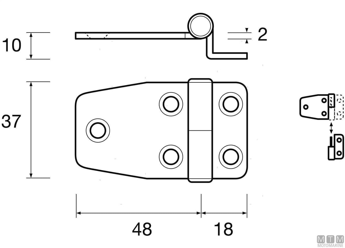 Left removable overhang hinge 37x66 mm H10 mm, 316 stainless steel - original photo Motomarine Srl