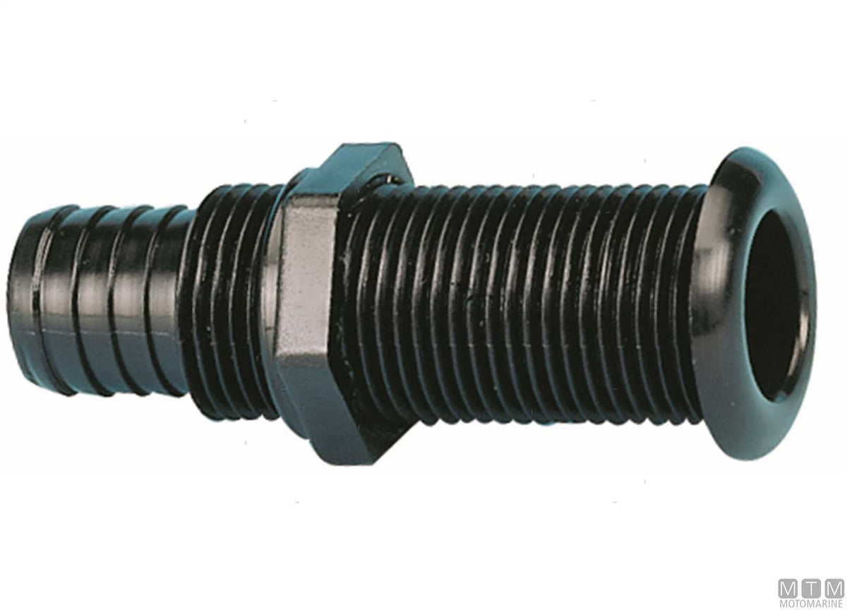 White through-hull fitting with hose tail for Ø25 mm plugs - original photo Motomarine Srl