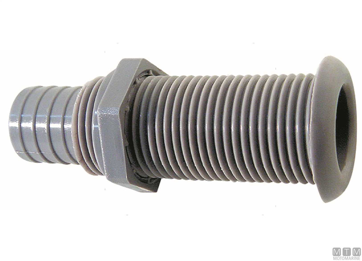 White through-hull fitting with hose tail for Ø22.7 mm plugs - original photo Motomarine Srl