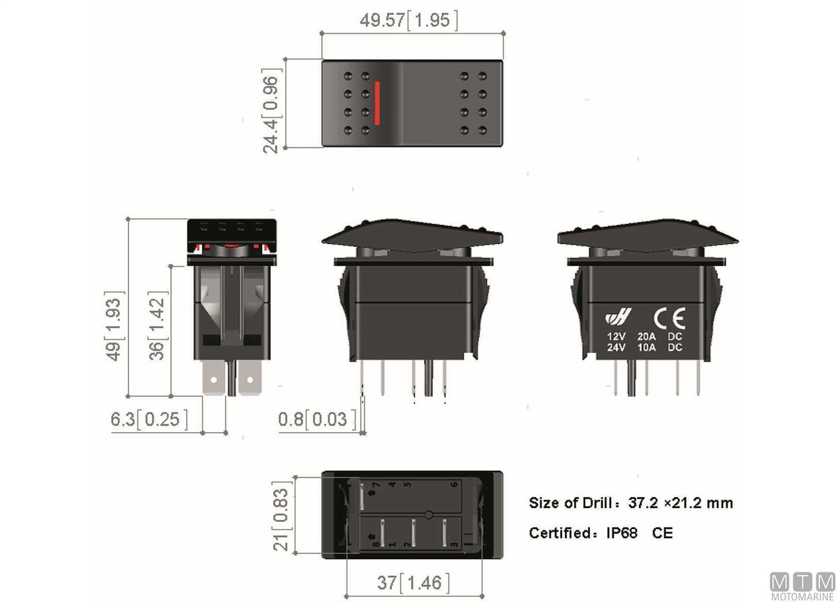 ON-OFF-ON switch 2 red LED 4 terminals - original photo Motomarine Srl