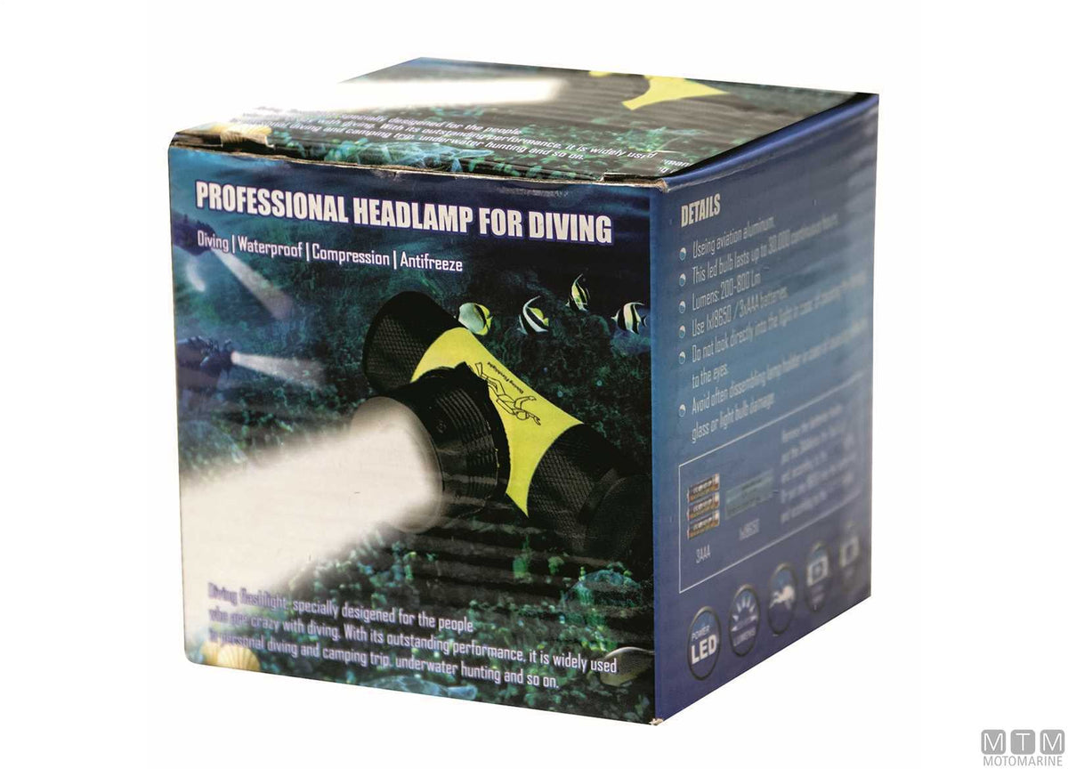 LED diving headlamp with rechargeable 18650 battery - original photo Motomarine Srl