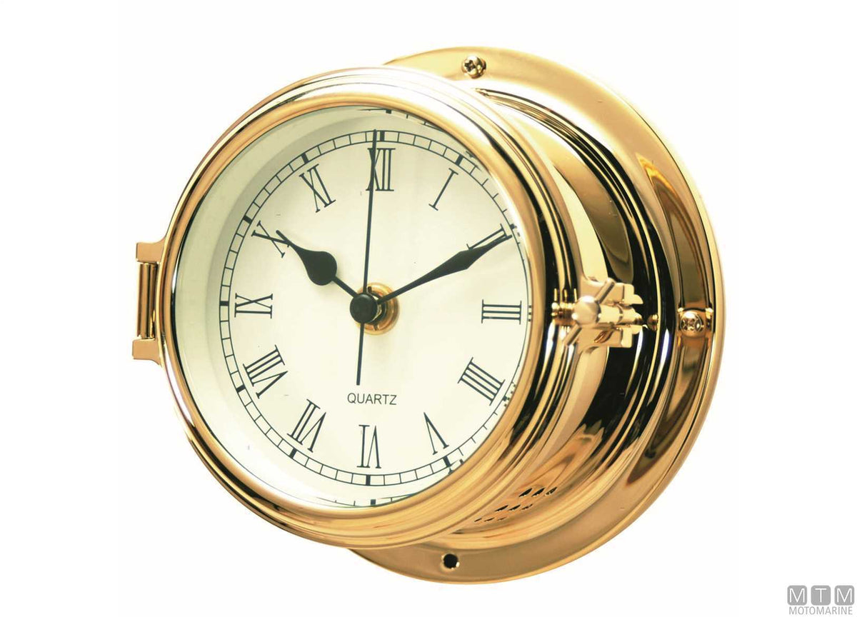Classic silent radio-controlled clock Ø150 mm, polished brass case - original photo Motomarine Srl