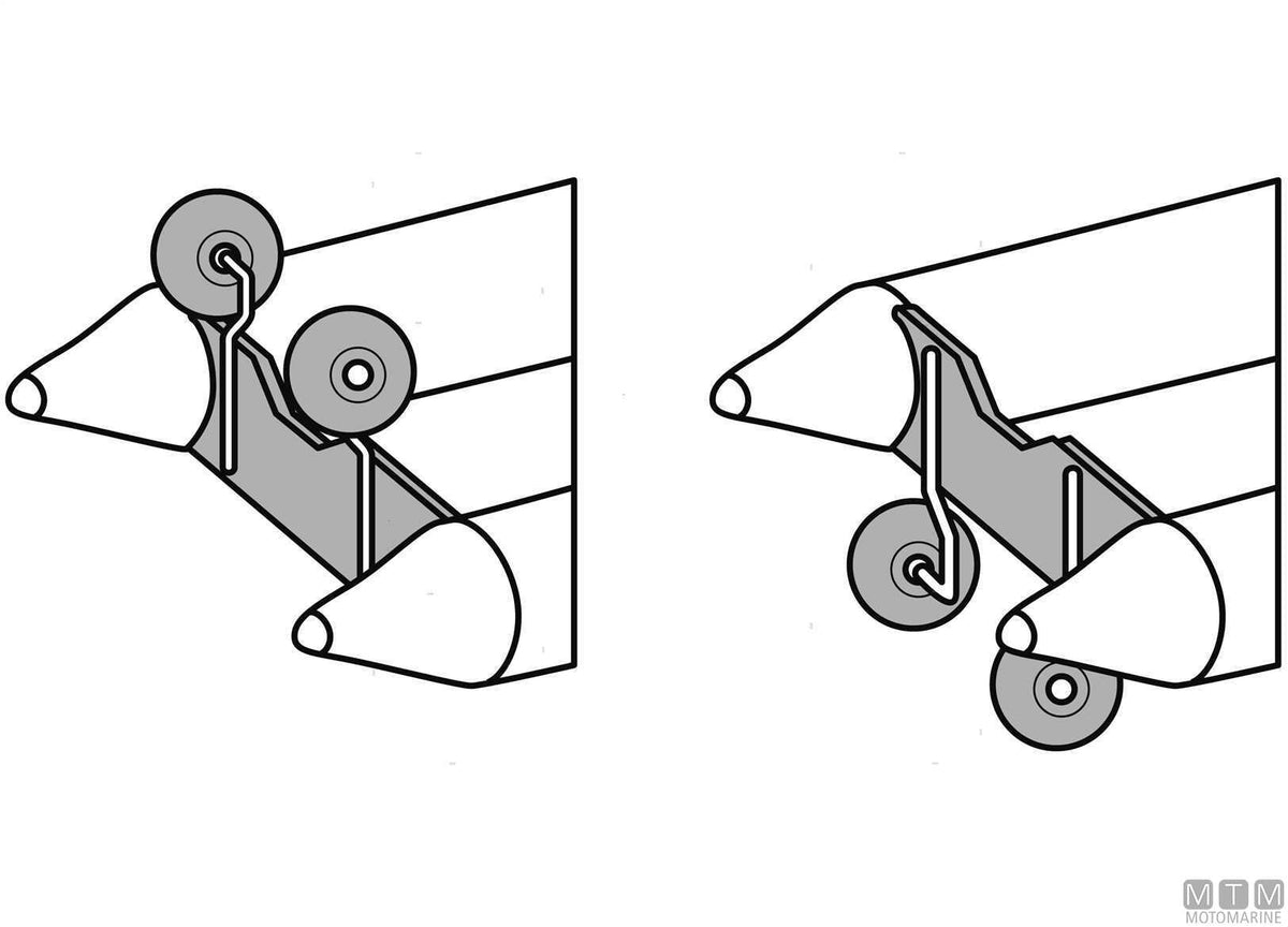 Pneumatic transom launching wheels, shaped stainless steel brackets - original photo Motomarine Srl