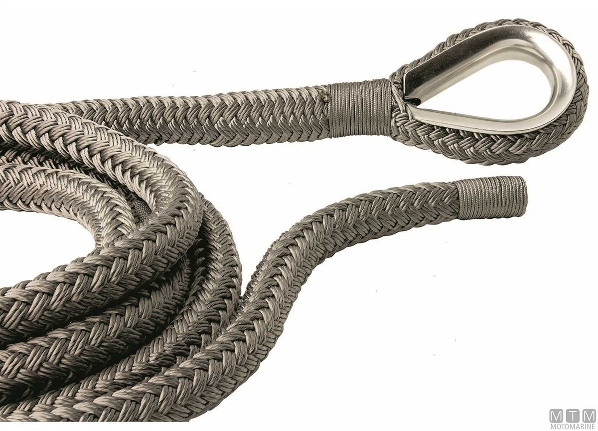 Grey braided mooring line with stainless steel thimble Ø28 mm 20 m - original photo Motomarine Srl