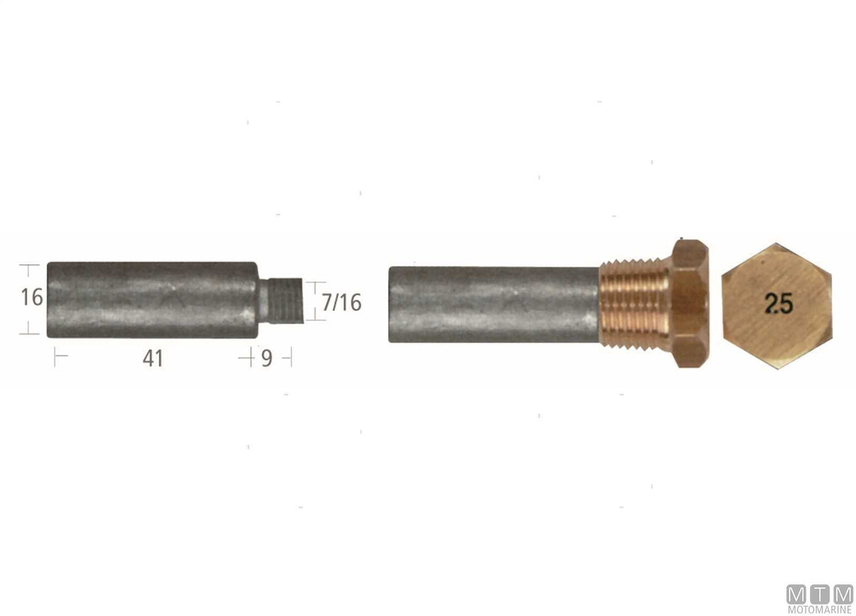 Zinc pencil anode with plug Caterpillar 16x41 mm - original photo Motomarine Srl