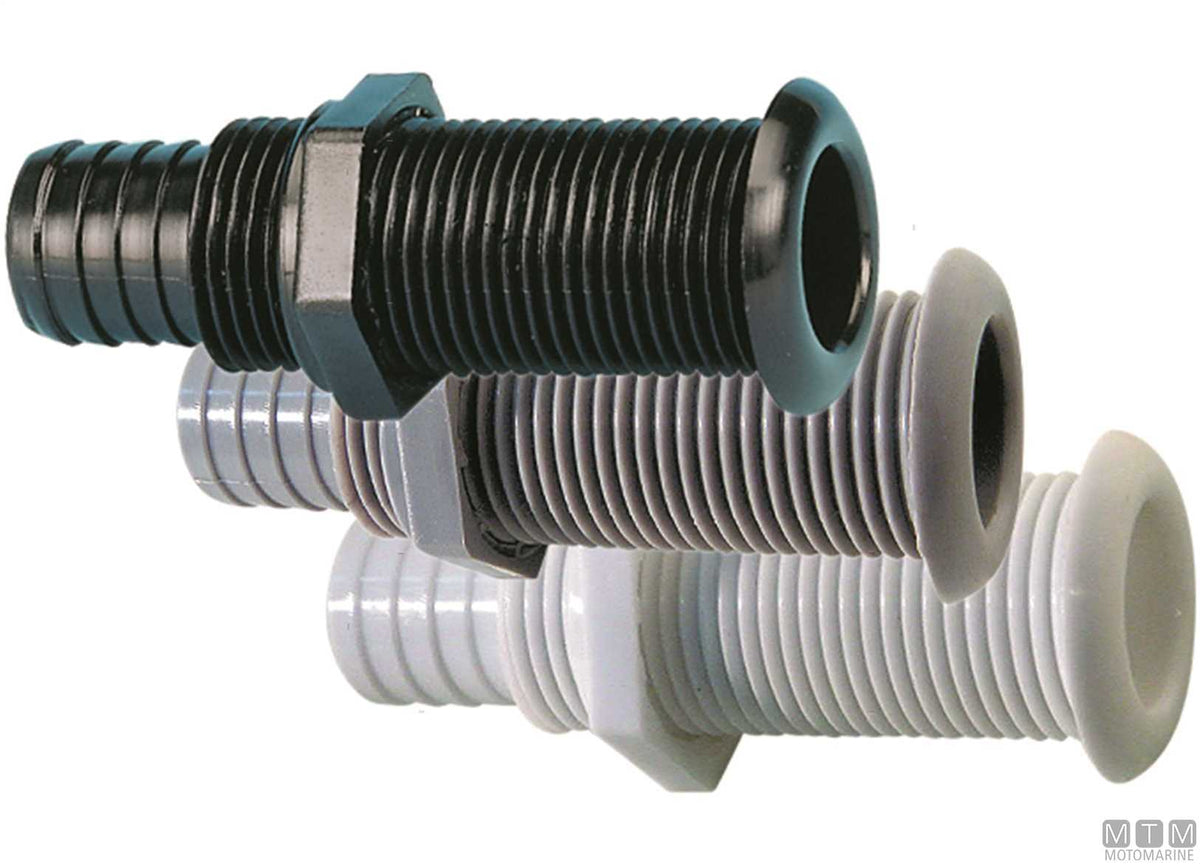 White through-hull fitting with hose tail for Ø22.7 mm plugs - original photo Motomarine Srl