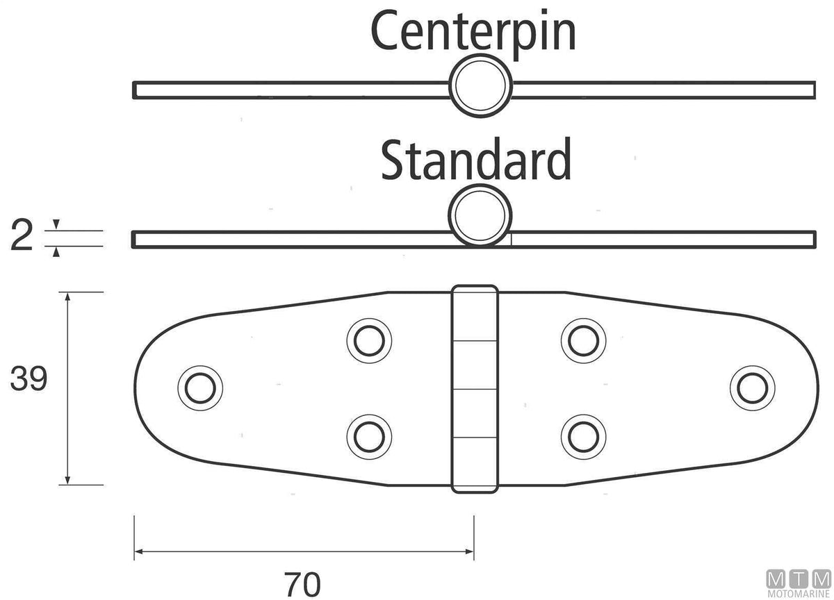 Wing hinge M, center pin, 39x140 mm, in stainless steel 316 - original photo Motomarine Srl