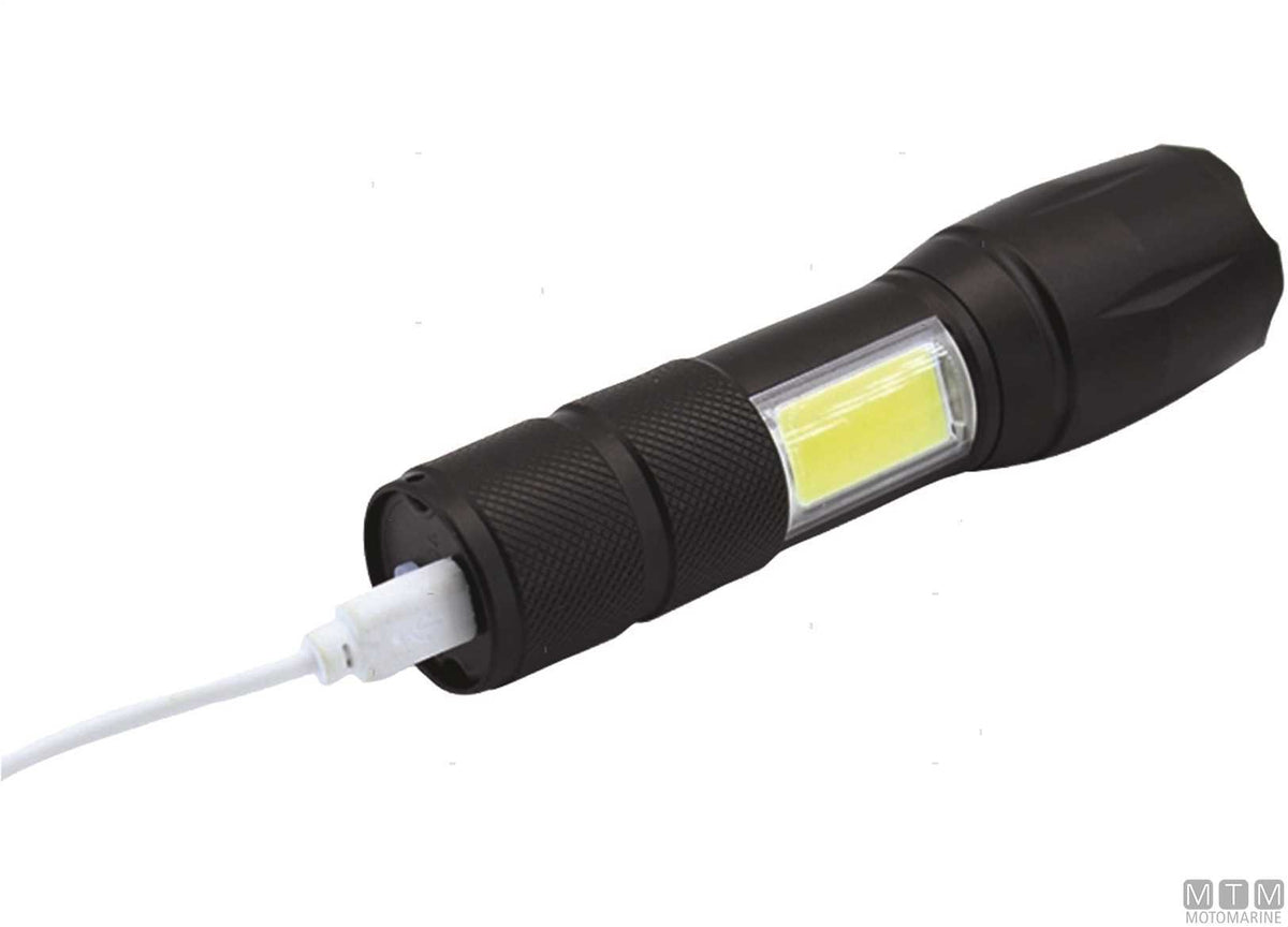 Rechargeable aluminum LED torch, black, L 13 cm - original photo Motomarine Srl