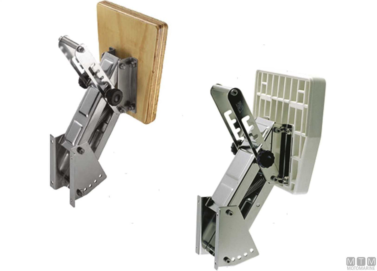 Adjustable pantograph engine bracket <20 HP stainless steel and wood - original photo Motomarine Srl