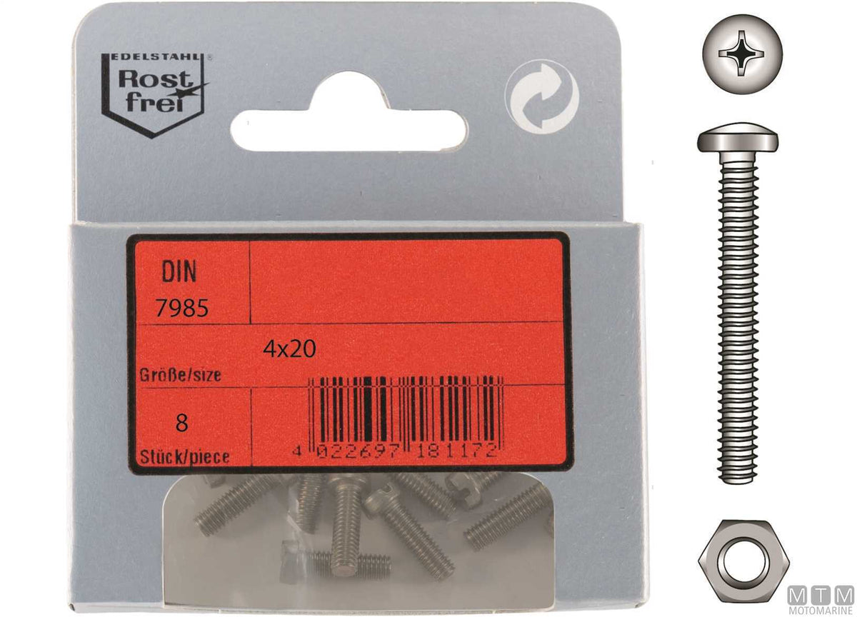 DIN7985 pan head screws + A4 stainless nuts M8x35, 4 pcs - original photo Motomarine Srl