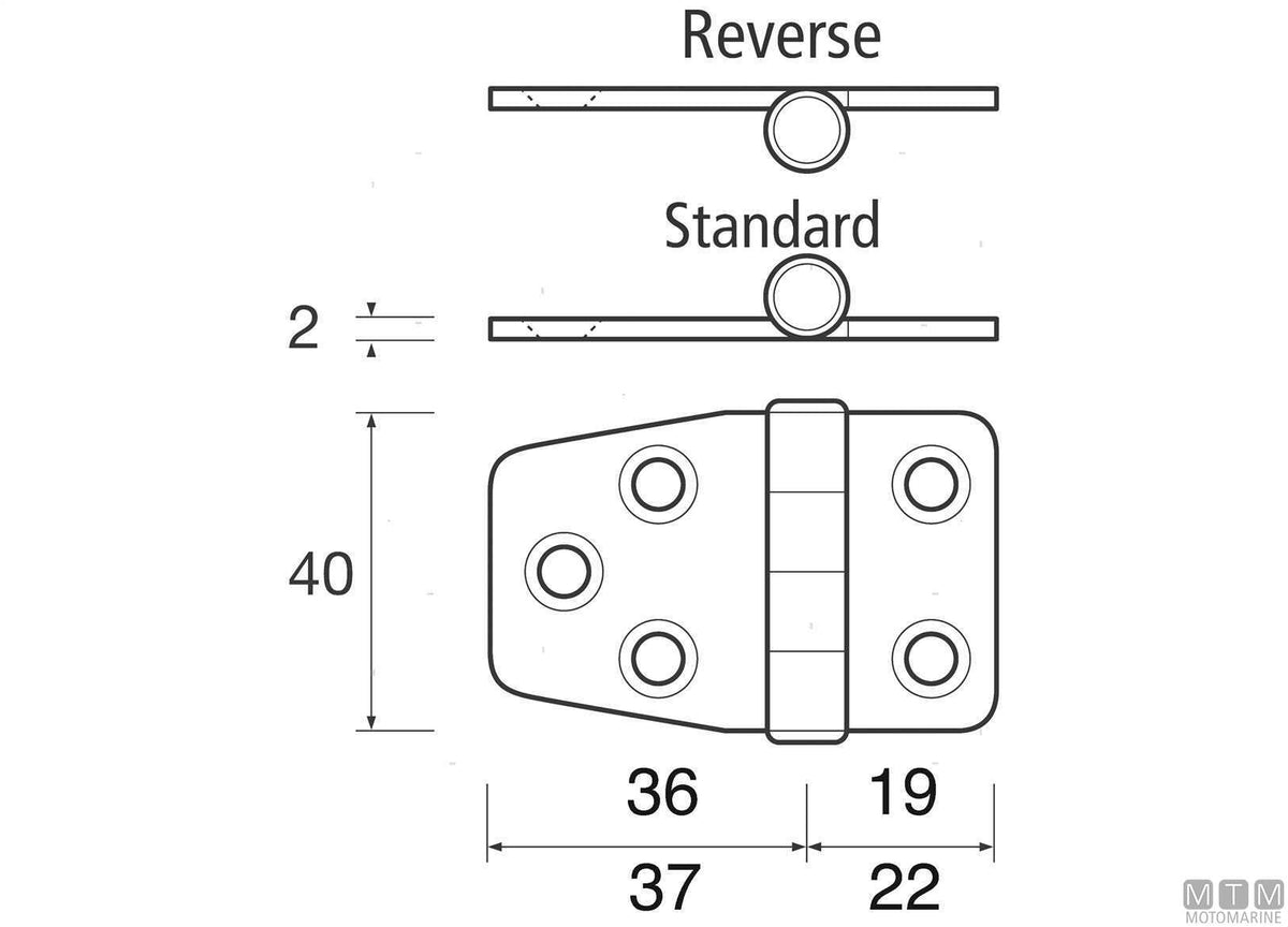 Asymmetric hinge, lower pin, 40x59 mm, 316 stainless steel - original photo Motomarine Srl