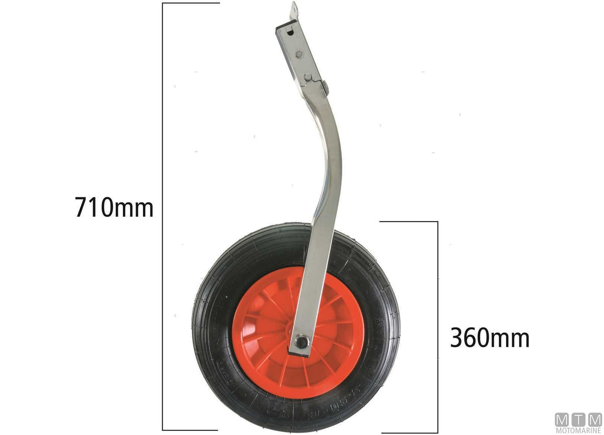 Pneumatic transom launching wheels, shaped stainless steel brackets - original photo Motomarine Srl