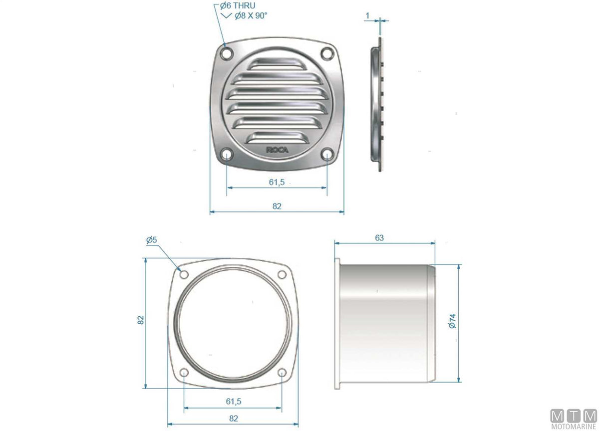 Air vent grille Roca 82x82 mm, stainless steel - original photo Motomarine Srl