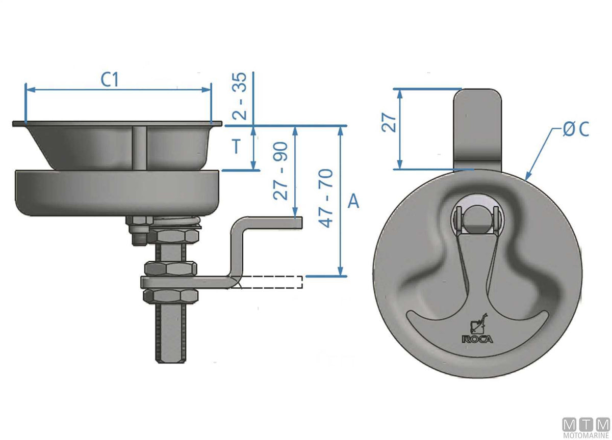 Straight lever for Roca latch 47-90 mm stainless steel 316 - original photo Motomarine Srl