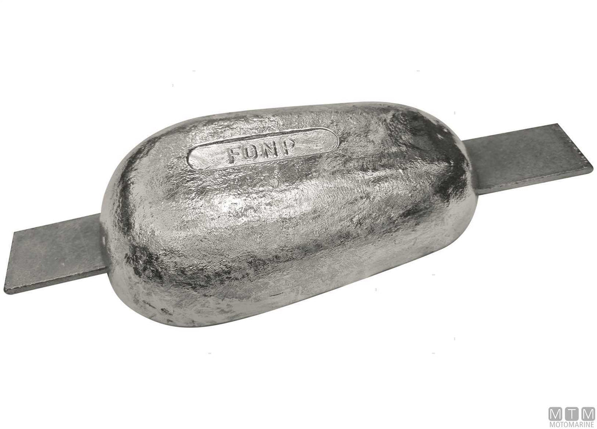 Drop-shaped plate anode with weld-on insert L160 mm 3.3 kg zinc - original photo Motomarine Srl