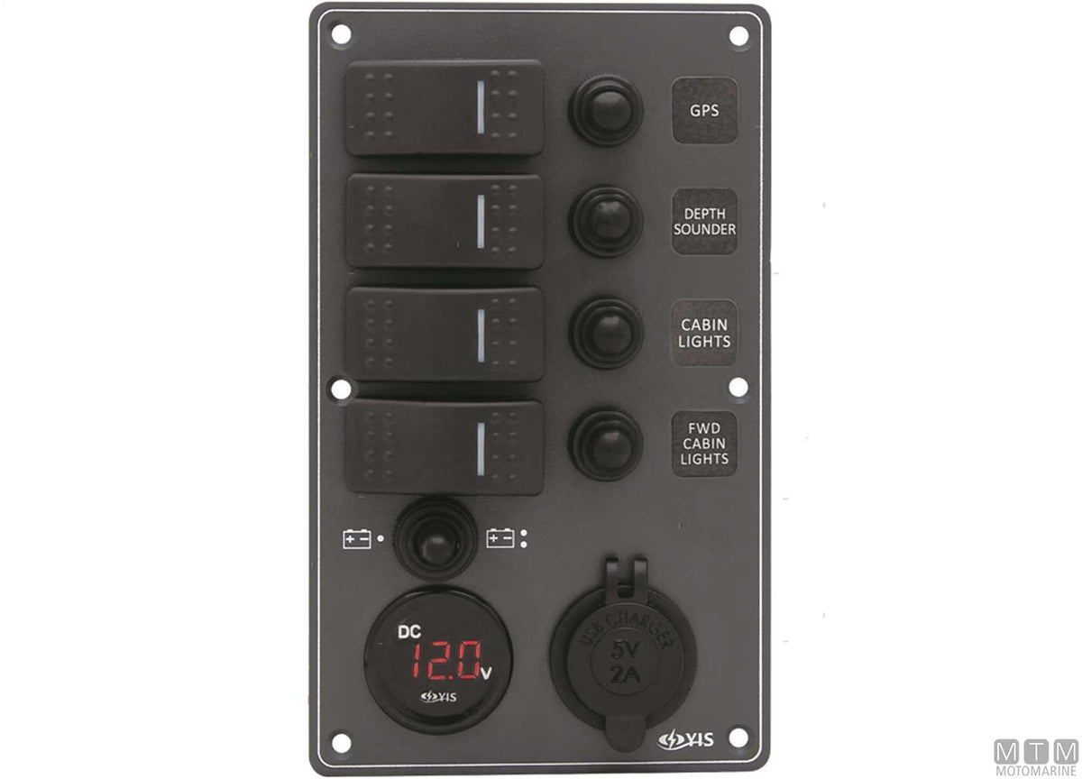 Black aluminium panel with rocker switches, 4+2 positions - original photo Motomarine Srl