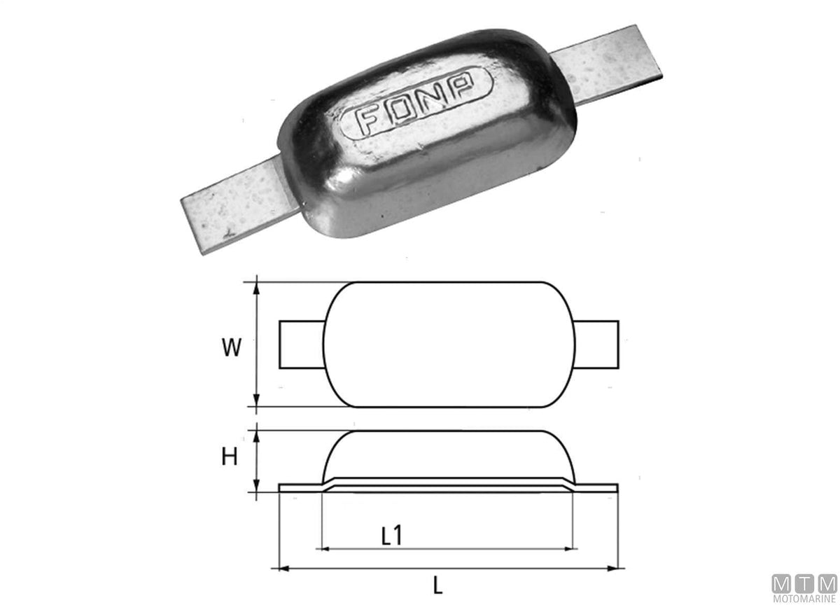 Oval plate anode with weld-on insert L100 mm 0.6 kg zinc - original photo Motomarine Srl