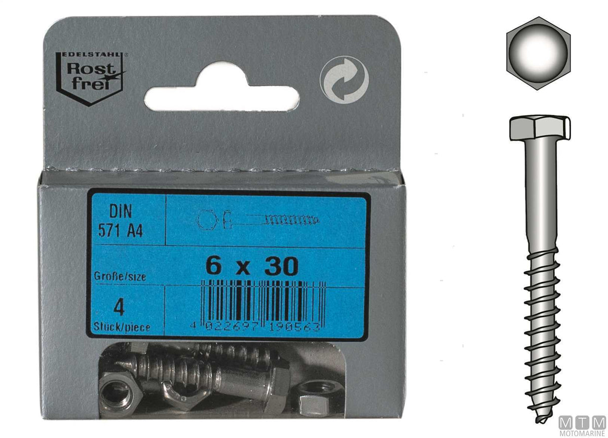 DIN571 A4 stainless steel hex head wood screws 6x80, 2 pcs - original photo Motomarine Srl