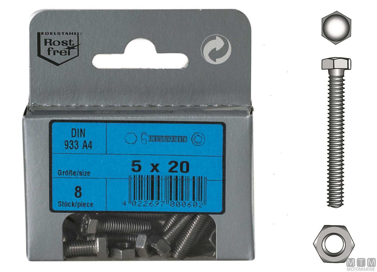 DIN933 hex head screws + A4 stainless nuts M5x20, 8 pcs - original photo Motomarine Srl