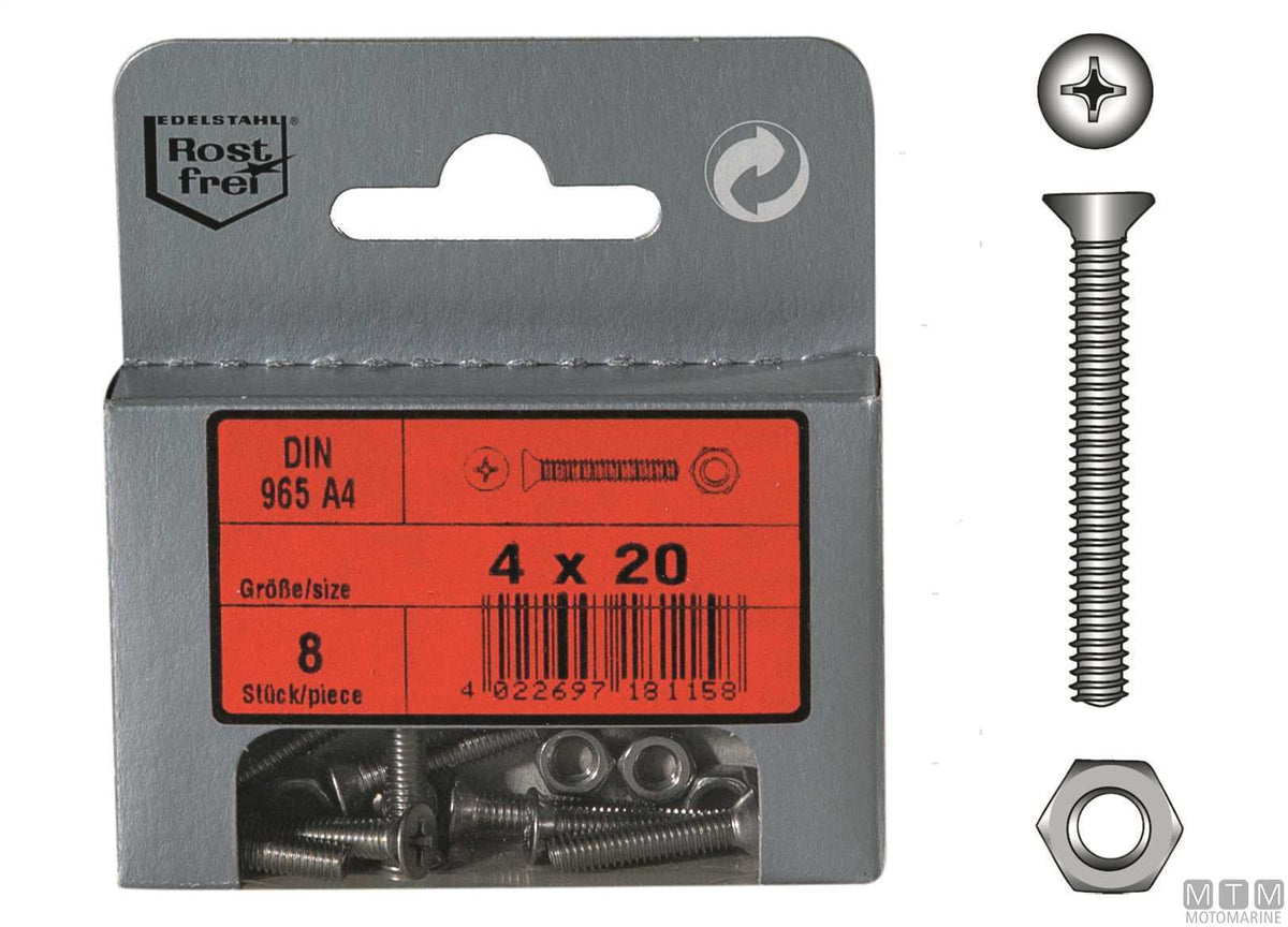DIN 965 countersunk flat head screws + A4 stainless nuts M4x60, 4 pcs - original photo Motomarine Srl