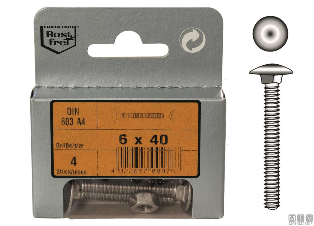 Wood carriage bolts mushroom head DIN 603 + A4 stainless steel nuts, M6x30, 4 pcs - original photo Motomarine Srl