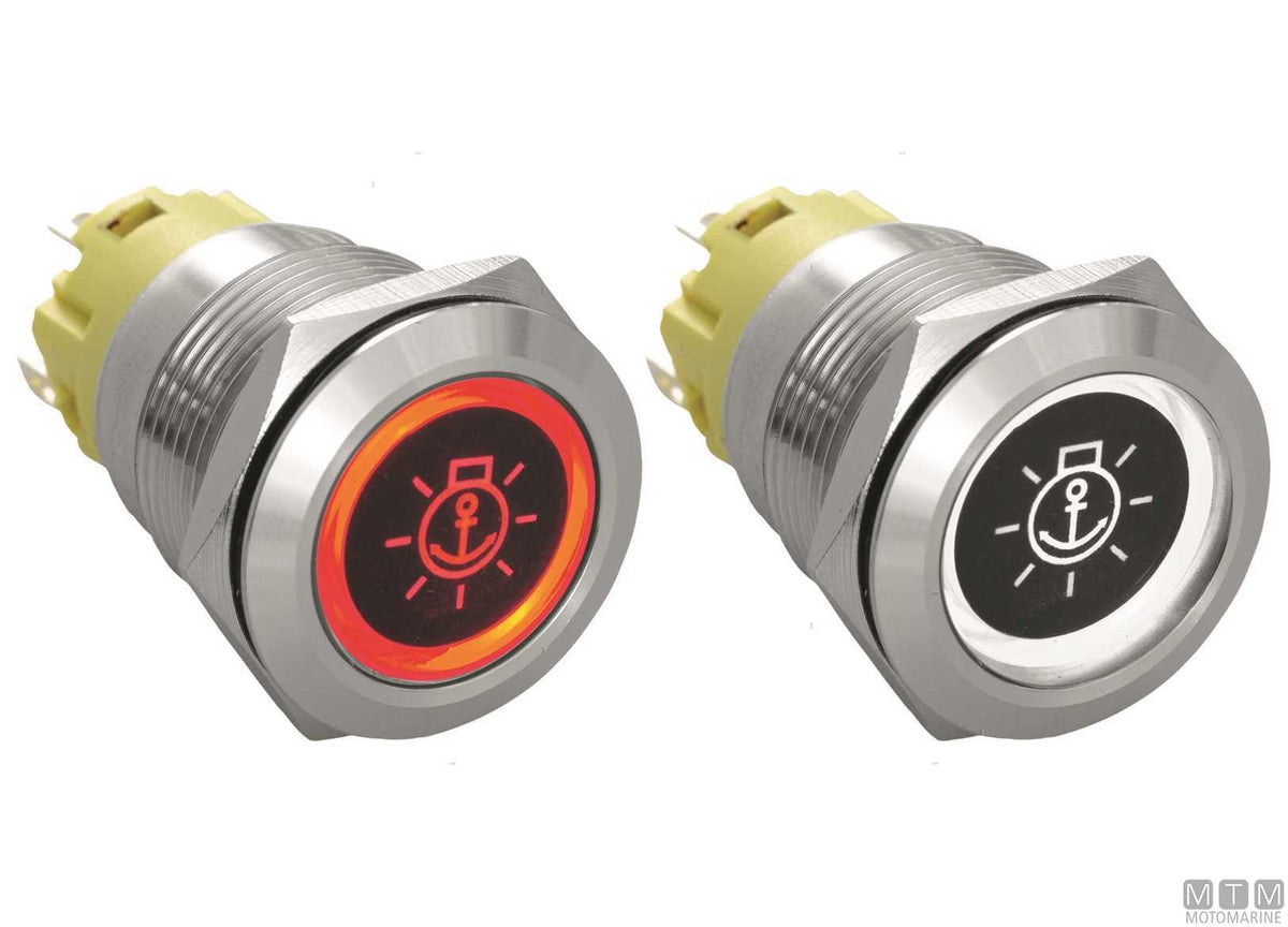 Stainless steel push-button switch ON-OFF with label 5 A 5 terminals - original photo Motomarine Srl