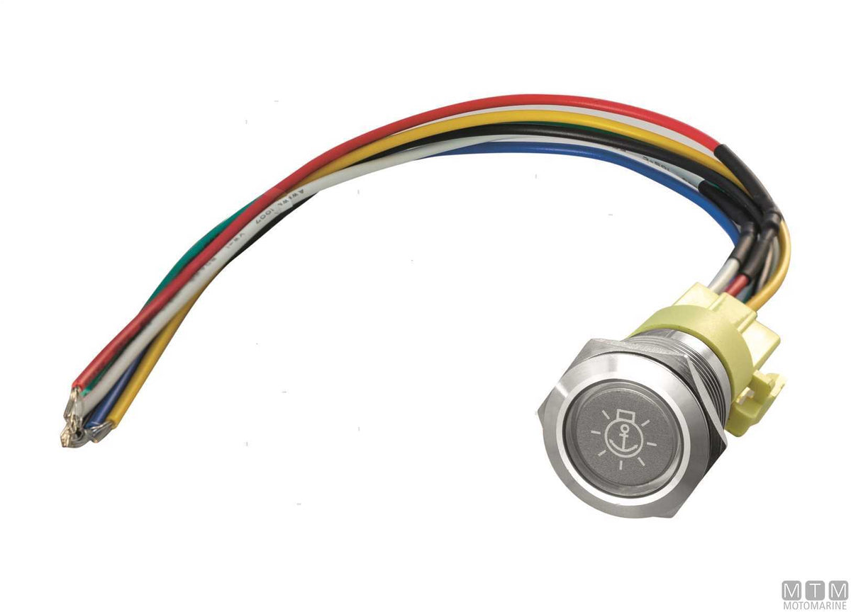 Stainless steel push-button switch ON-OFF with label 5 A 5 terminals - original photo Motomarine Srl