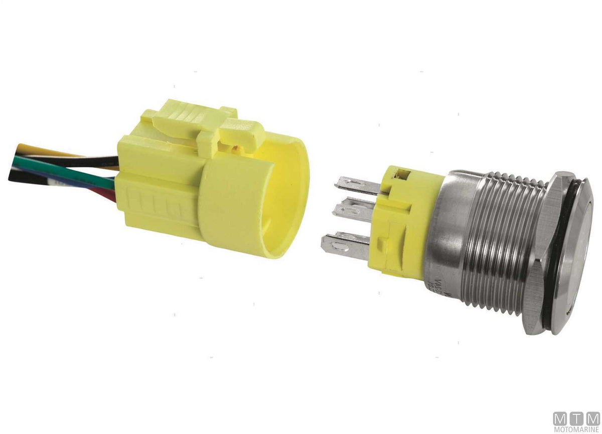 Stainless steel push-button switch ON-OFF with label 5 A 5 terminals - original photo Motomarine Srl