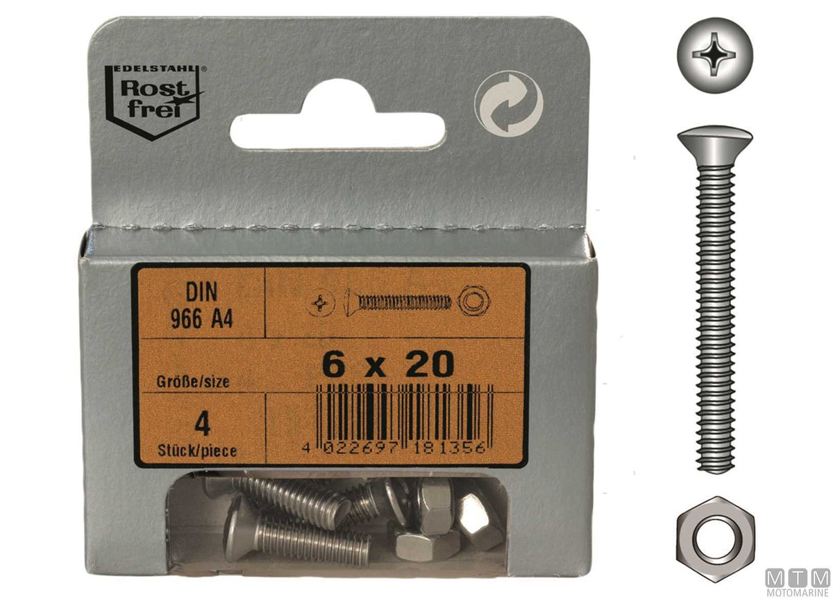 Raised countersunk head screws DIN 966 + A4 stainless steel nuts, M3x16, 10 pcs - original photo Motomarine Srl