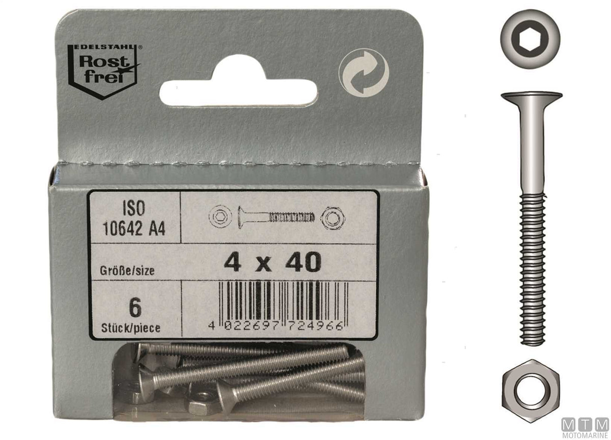 ISO 10642 countersunk hex socket screws + A4 stainless nuts M4x16, 8 pcs - original photo Motomarine Srl