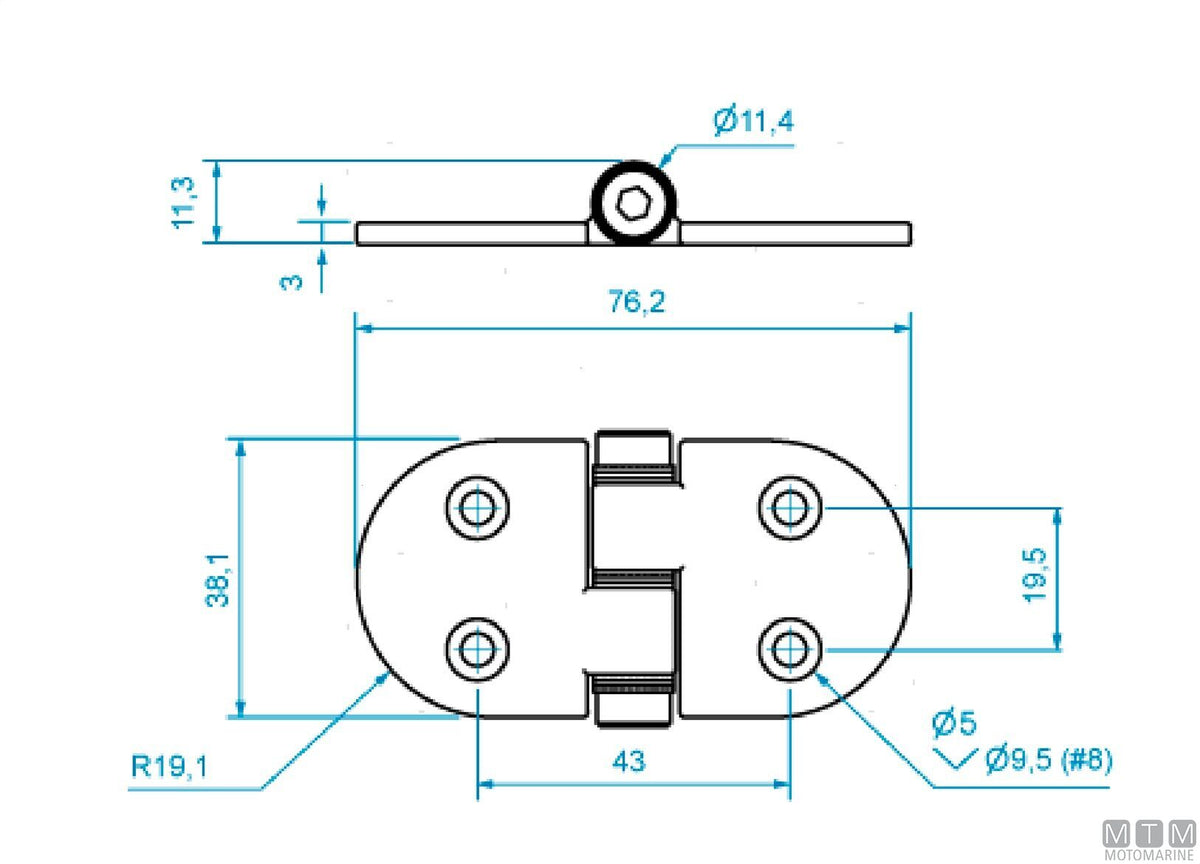 ROCA oval friction hinge 38x76 mm in stainless steel 316 - original photo Motomarine Srl