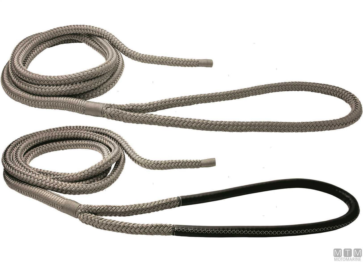 Grey braided mooring line with black leather-covered eye, 75 cm, Ø24 mm, 20 m - original photo Motomarine Srl