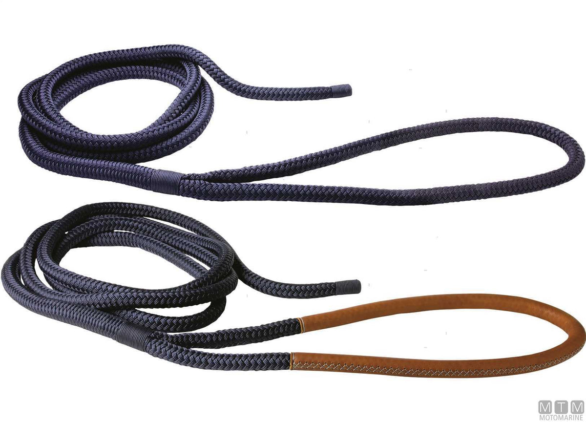Blue braided mooring line with brown leather-covered eye, 100 cm, Ø32 mm, 20 m - original photo Motomarine Srl