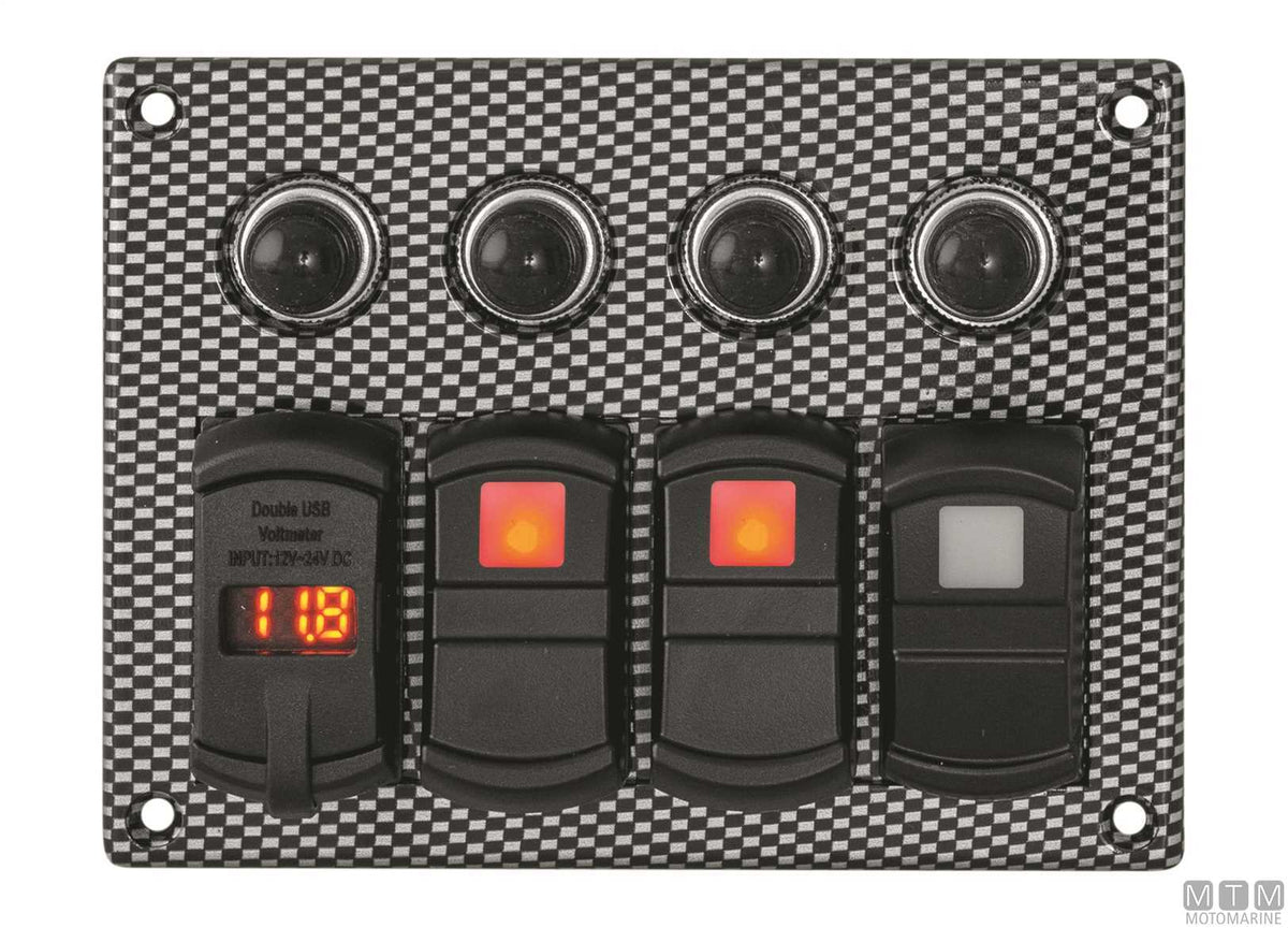 Carbon-effect panel with 5-position rocker switches + USB/voltmeter - original photo Motomarine Srl