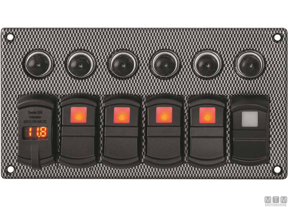 Carbon-effect panel with 5-position rocker switches + USB/voltmeter - original photo Motomarine Srl